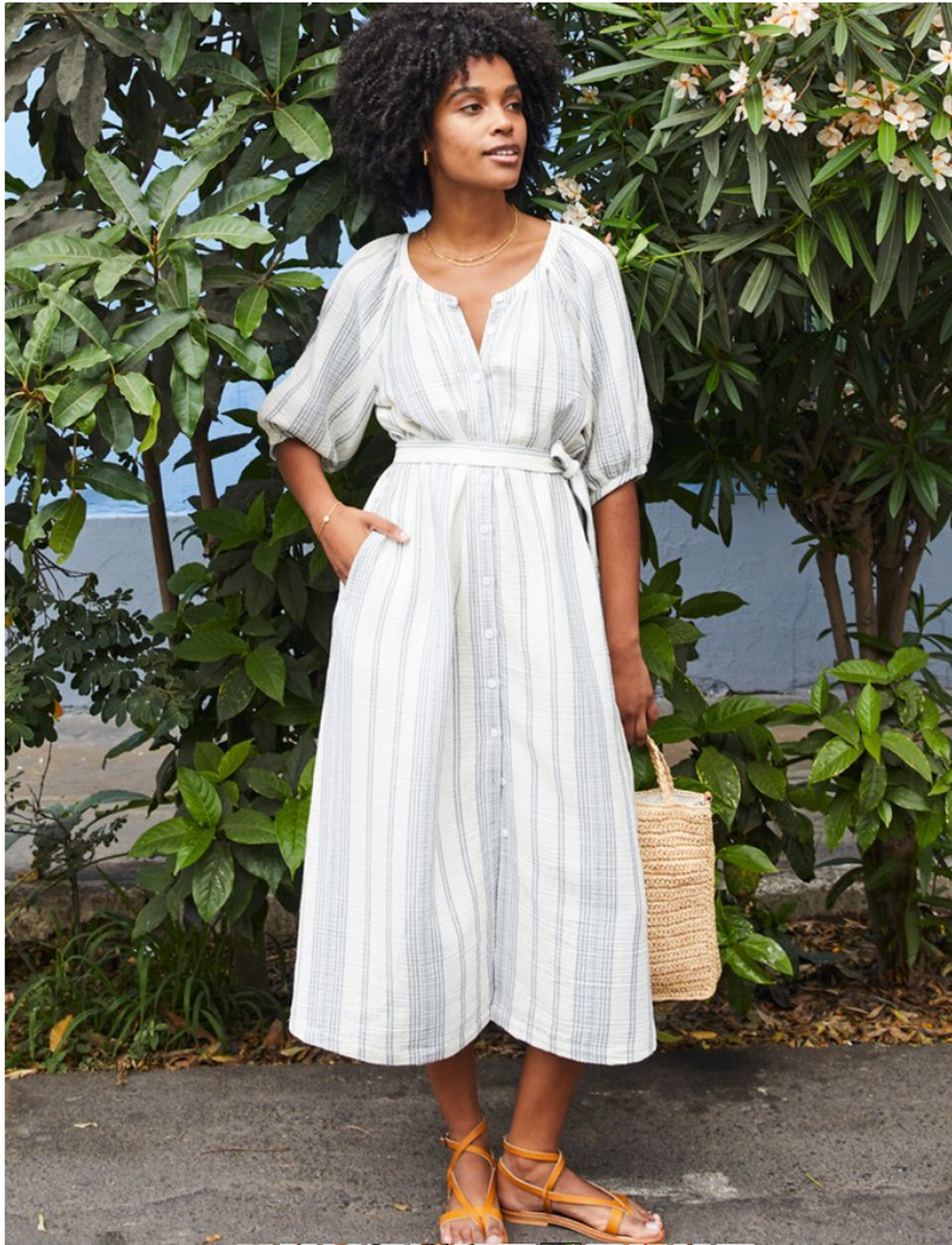 FAHERTY NWT Dream Cotton Gauze Carmel Dress in Cream Tidal Wave // S